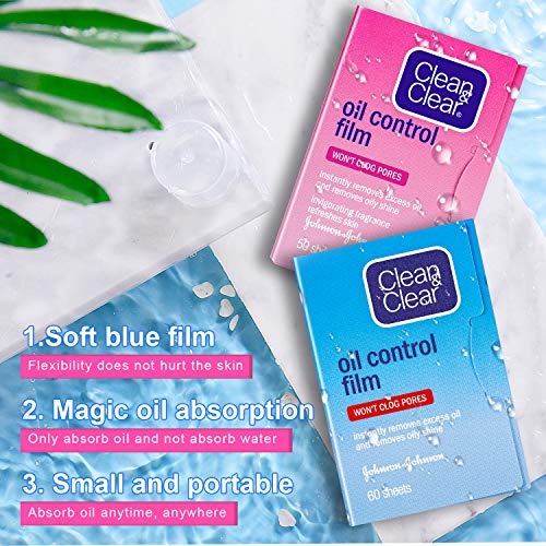 Oil Absorbing Tissues Oil Control Film, Oil Blotting Paper Same Series With Clean & Clear Oil Absorbing Facial Sheets For Oily Skin, 60 Sheets Blue + 50 Sheets Pink #TOP1
