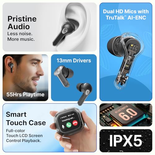 Image of pTron Bassbuds NX TWS Ear Buds w /Smart Touch Display, 55hrs Playtime, Dual Mics, TruTalk AI-ENC Calls, 5 Music Equalisers, BTv6.0, Voice Assistant, Type C Charging, IPX5 Water Resistant (Pearl Black)