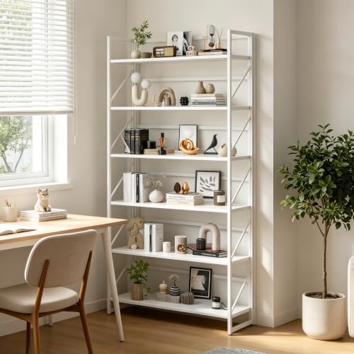 Image of JSB 6 Tier No Assembly Folding Bookshelf, 30.7 inch Wide Foldable Storage Bookcase for Home Office, Space-Saving Storage Shelf for Living Room (All White)