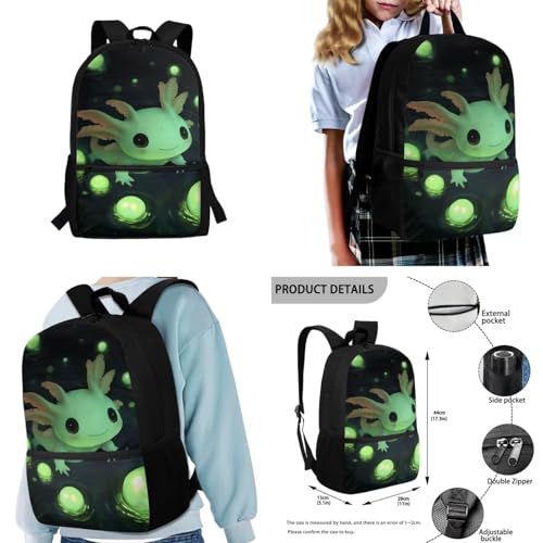 Glowing Green Bubble Axolotl Backpack for School 4 Pcs Boys Bookbag Age 6-8 Large Capacity Kids School Bag with Lunch Bag for Primary School Casual Daypack2