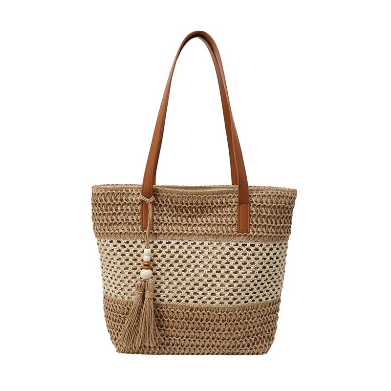 Straw Beach Bag Summer Woven Tote Bag with Zipper Handbag Shoulder Purse for Women Travel Vacation