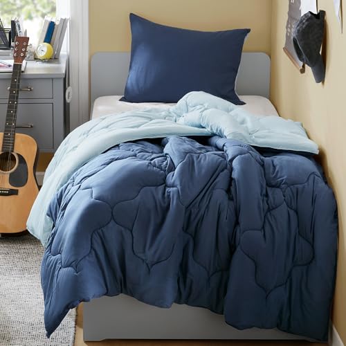 Image of Comfort Spaces Twin Comforter Set Vibrant Reversible Comforters Twin Size Quilted Bedding Set, All Season Lightweight Bedding, Soft Microfiber Comforter, Vixie, Navy /Light Blue Twin /Twin XL 2 Piece