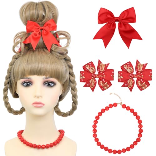 AMZCOS Christmas Costume Wig Blonde Braided Synthetic Wig with Red Bow Hair Clip and Necklace for Halloween Christmas Celebration Party