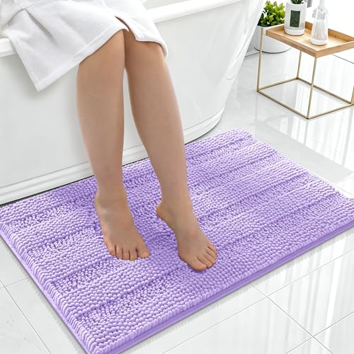 Image of Smiry Thick Chenille Bathroom Rugs 36x24, Extra Soft Absorbent Striped Bath Mat, Machine Washable, Rubber Backing, Bath Rugs for Tub & Shower, Modern Home Decor Accessories, Lavender