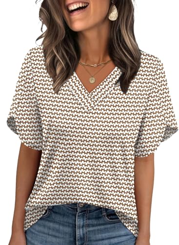 Image of WIHOLL Womens Summer Tops Short Petal Sleeve Shirts Fashion V Neck Womens Clothing
