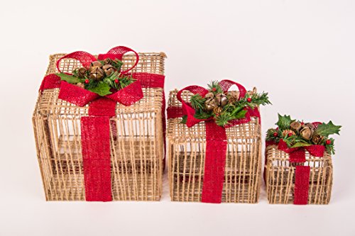 3er Set Weihnachtsschachtel, Box aus Eisen mit Bast in Braun mit Band und Schleife in Rot, Schachtel mit Deckel und Deko, Efeu-Blätter, Tannennadeln, Kieferzapfen, Metallglocken, Dekoboxen aus Metall Cover