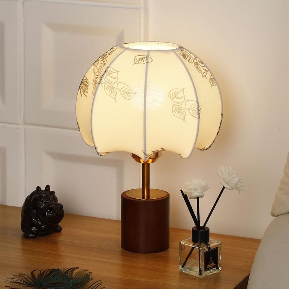 DFAEEKIYO Vintage Small Table Lamp Wood Desk Light with Fabric Shade Mushroom Lamps Nightstand Lighting Walnut Desktop(White)