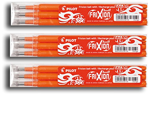 Pilot FriXion Set of 3 Replacement Cartridges for Ballpoint Pens 3 of Each Colour Purple, Pink, Light Blue, 9er Set, orange, 1