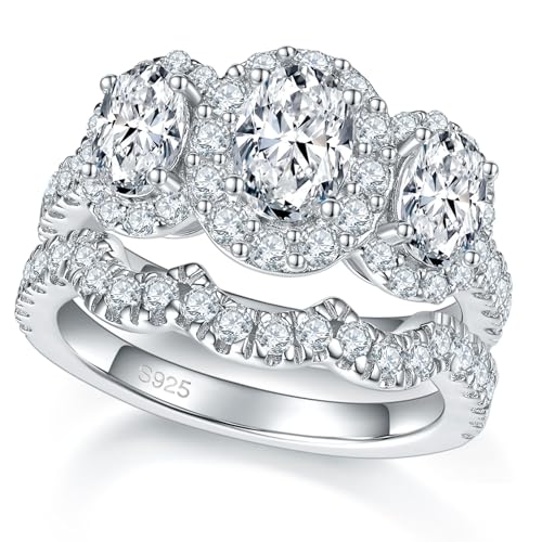 Moissanite Ring Set for Women 3 Stone Oval Cut D Color VVS1 Platinum Plated 925 Sterling Silver