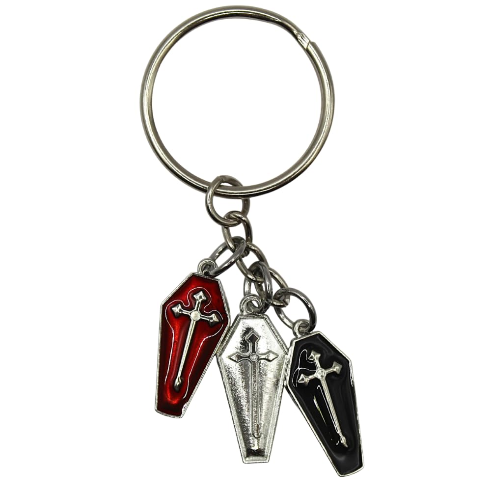 Dark And Twisty Gifts Unisex Black, Red, And Silver Coffin Keyring With Three Enamel Coffin Gothic Charms