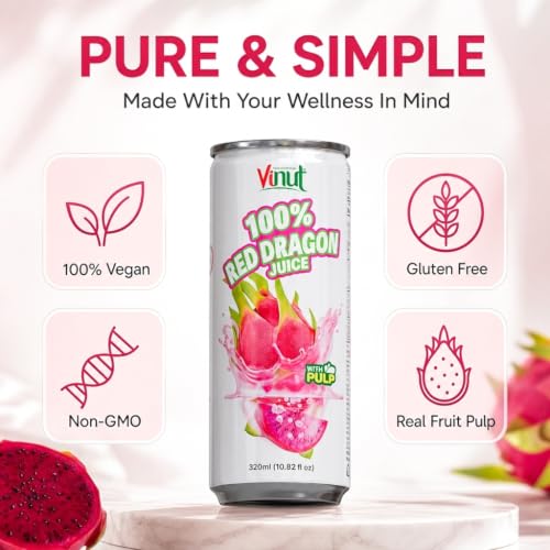 Image of VINUT 100% Red Dragon Fruit Juice with Pulp (Pitaya), No Added Sugar, Not From Concentrate, Gluten Free & Non-GMO Drink, 100% Vegan /Plant-Based, 10.82 fl oz Cans (Pack of 12)