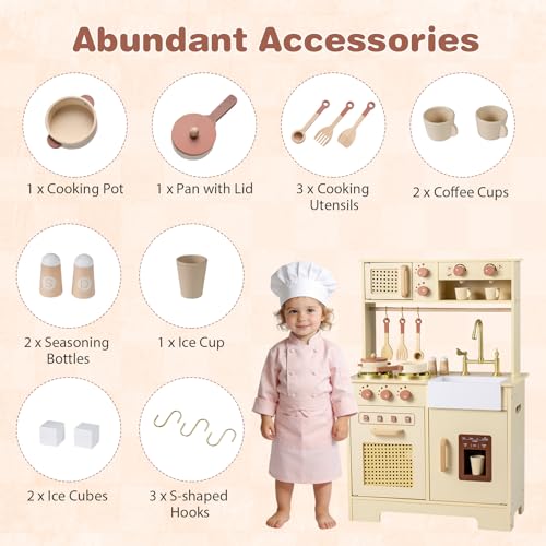 HONEY JOY Play Kitchen, Wooden Pretend Toy Kitchen Set w/Coffee Maker & Ice Maker, Cookware, Microwave, Oven with Lights and Sound, Rattan Little Chef Kids Kitchen Playset for Toddlers Gift, Yellow - Image 7