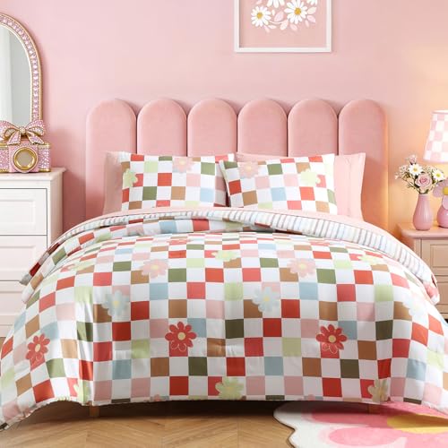 Image of Full Size Comforter Set for Girls Colorful Checkered Bed in a Bag 7 Pieces