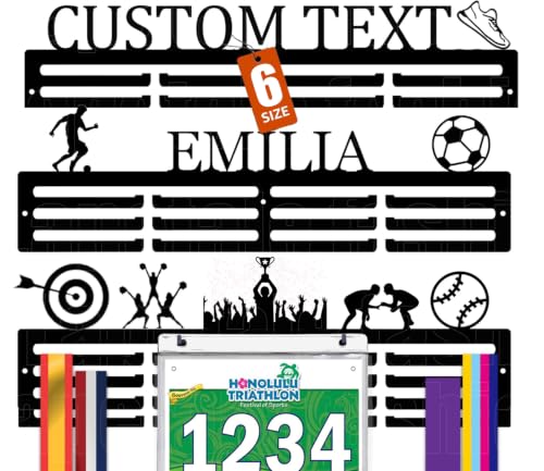 Lapetale Fashion Personalized 16-26 Inch Large Capacity Medal Holder with Name Display Rack for Awards Ribbons - Wall Mount Hold Up 63 Medal Hanger Display for Athlete Boy Girl Kid