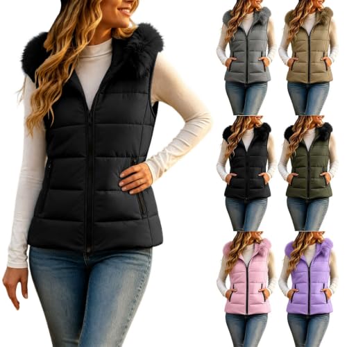 Puffer Vest Women Slim Hooded Faux Fur Collar Sleeveless Quilted Outerwear - image 1