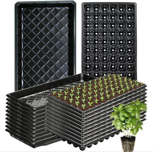 Omitgoter 72-Cell Seed Trays with Drainage Trays-10 Sets 20 Packs-1020 Durable Plastic Plant Tray for Seed Germination21x11x1.81 in