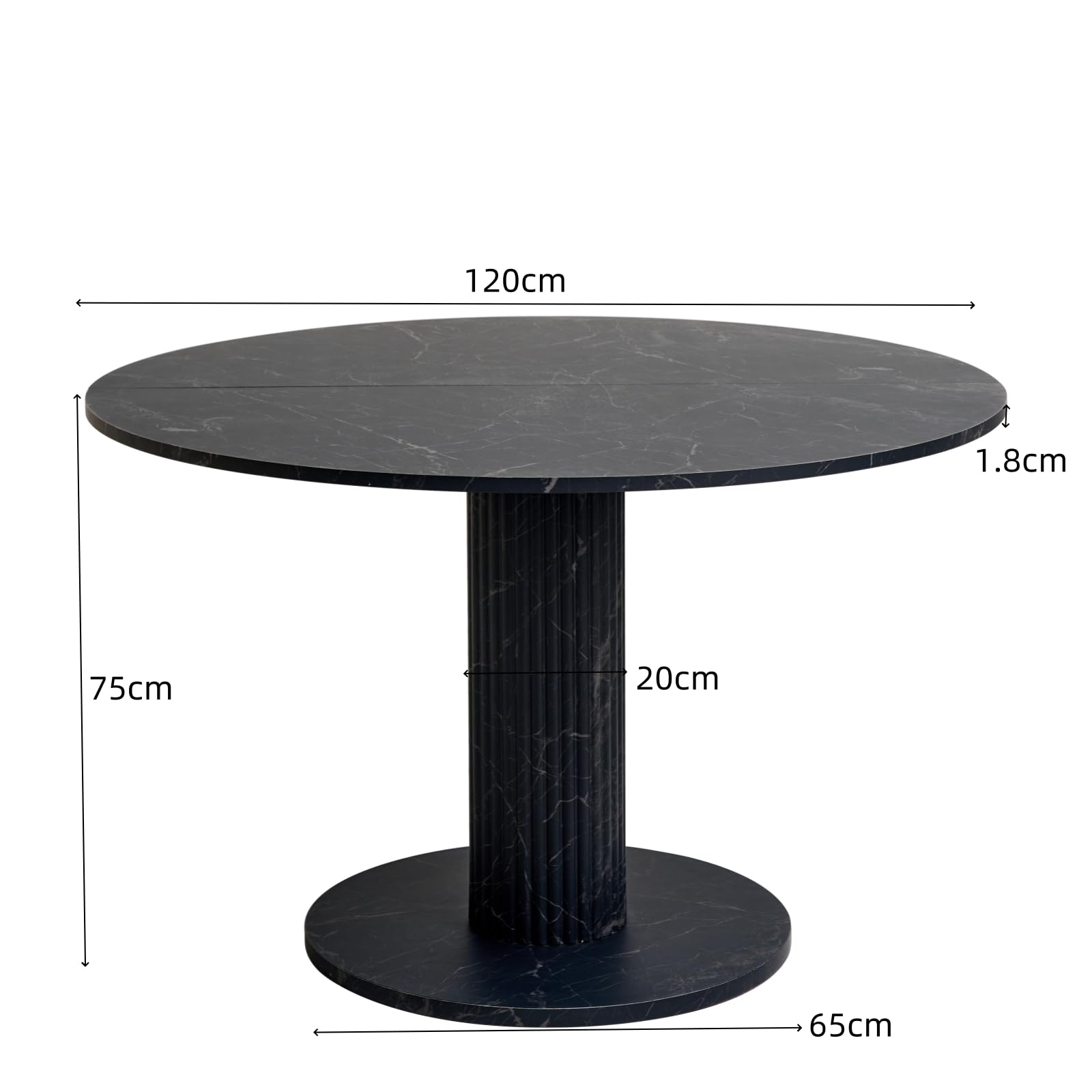 Runder Esstisch mit zylindrischen Tischbeinen, Marmoroptik, Moderner Minimalistischer Esstisch für Wohnzimmer oder Küche, 115 x 115 x 75 cm – Schwarzer Marmor