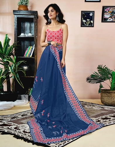 Image of SIRIL Women's Printed Chanderi Cotton One Minute Ready to Wear Saree with Unstitched Blouse Piece
