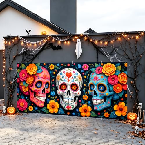 Image of Halloween Garage Door Decorations 7 x 16 ft, Sugar Skull Cover