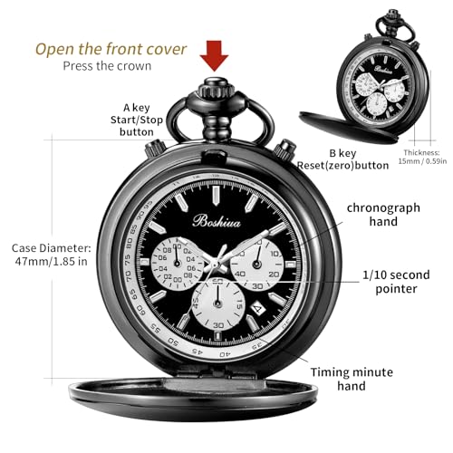 Image of BOSHIYA Smooth Quartz Pocket Watches for Men Multifunctional Chronograph Classic Vintage Mens Womens Pocket Watch with Chain Christmas Graduation Birthday Gifts Fathers Day