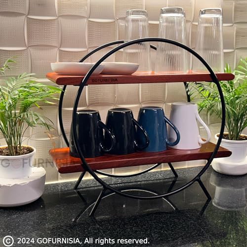 Image of GOFURNISIA Premium Wooden Kitchen Countertop Organizer, Shelf Rack For Kitchen Storage, 2 Tier for Spices, Oil, Tabletop Rack For Bar, Makeup, Office, Handcrafted Teakwood and Iron, Easy Assembly