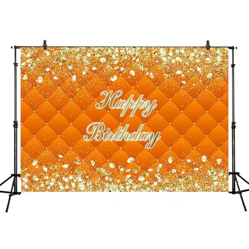 Happy Birthday Theme Background Adult Gold Glitter and Sliver Diamonds Backdrop Women Orange Headboard Party Decorations Props (7x5ft)