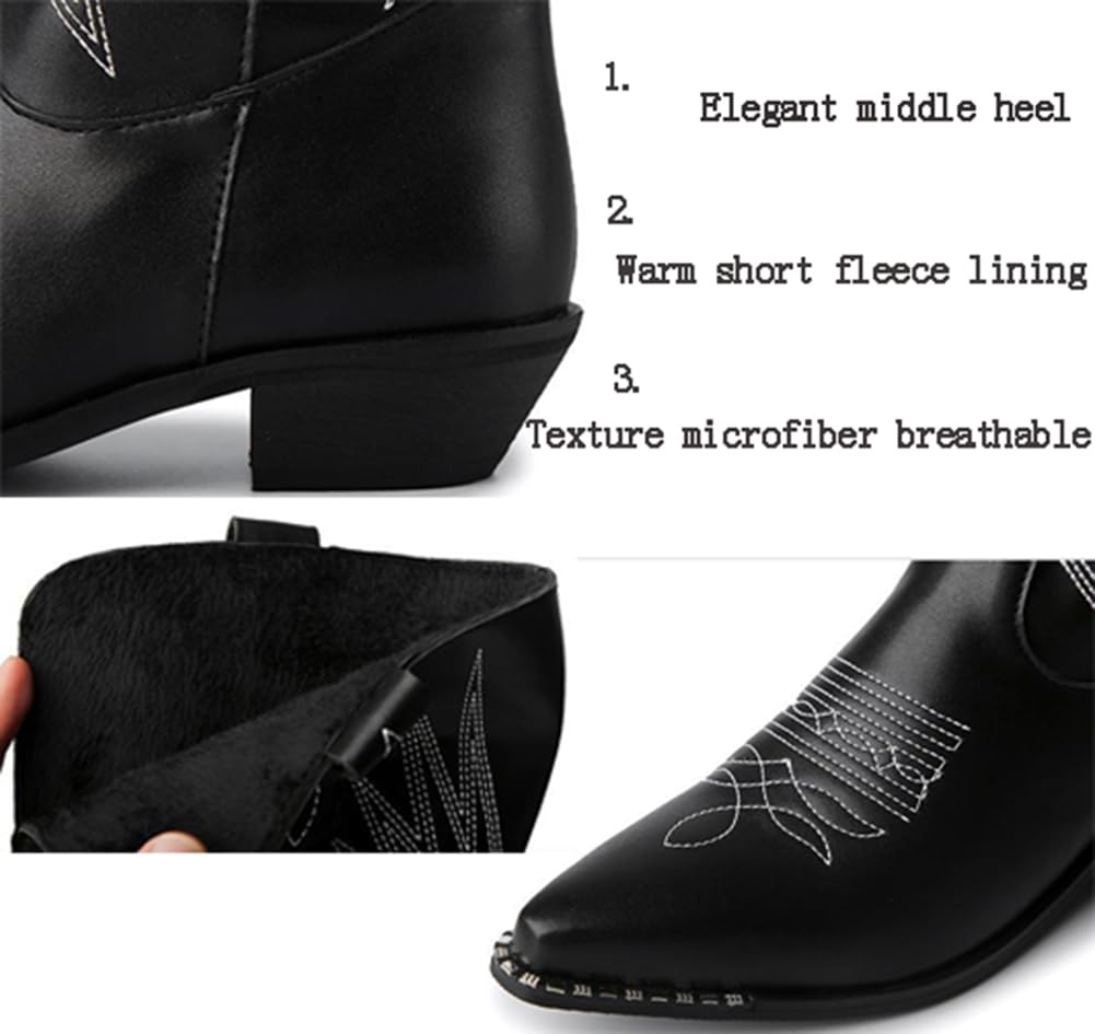 Stivaletti da Cowgirl Occidentali Donna, Stivali Country Casual in Pelle con Punta Tagliata Ricamata retrò, Stivaletti Classici Comodi con Tacco Basso e cuciti,Nero,46 EU