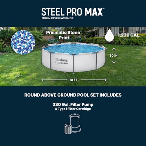 Image of Bestway Steel Pro MAX 10' x 30 inch Above Ground Pool, Round Metal Frame Outdoor Swimming Pool Set with Filter Pump & Type I Cartridge, Gray