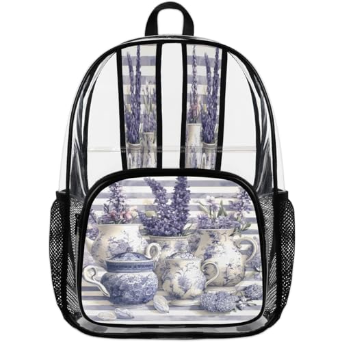 Beautiful Lavender Clear Backpack for Stadium Events, Spring Watercolor Wisteria Waterproof Clear Bag for Women Men Adult Sport Work Daily Music Festival and Concerts4