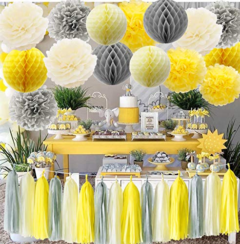 Furuix You are My Sunshine Party Decoration Yellow Grey Elephant Baby Shower Decorations Gray and Yellow Nursery Decor Honeycomb Balls for Bridal Shower Birthday Decorations