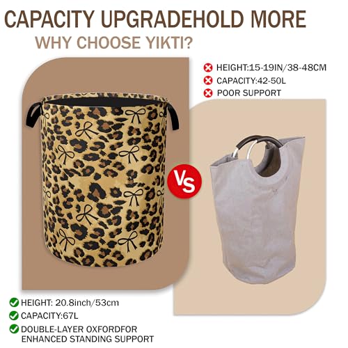 Image of Brow Leopard Laundry Basket,Black Bow Clothes Hamper,Oxford Cloth Collapsible Nursery Hamper Storage Organization for Bedroom,Bathroom,Office,College Dorms,16x20 Inch
