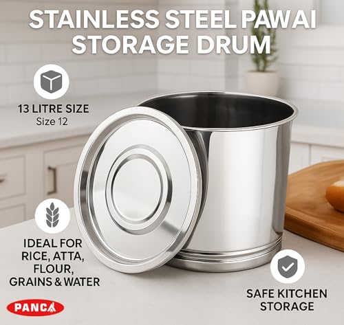 Image of PANCA Stainless Steel Pawali Storage Drum | 13 Litre Capacity (Size 12) | Durable Food-Grade Steel Drum for Kitchen Storage | Ideal for Rice, Atta, Flour, Grains & Water | (Silver)