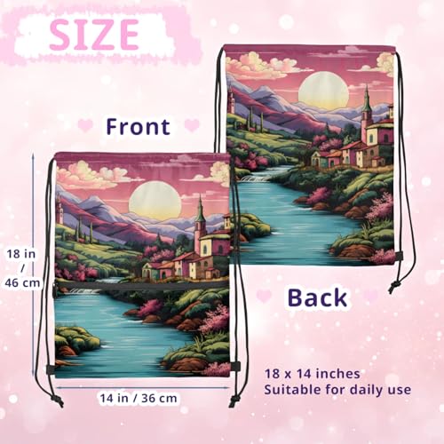 Village Springtime Polyester Drawstring Bag with Zipper Pocket, 18x14 Inch Water-Resistant Gym Sack String Backpack for Sports, Travel, Camping2