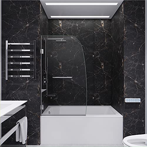 58 x 34 inch Frameless Tub Shower Door in Polished Chrome | Grand Water Repellent Glass Shower Door with Seal Strip Parts and Handle | 3/8 inch Glass Hinged Bathtub Shower Door | SD-AZ10-01CH