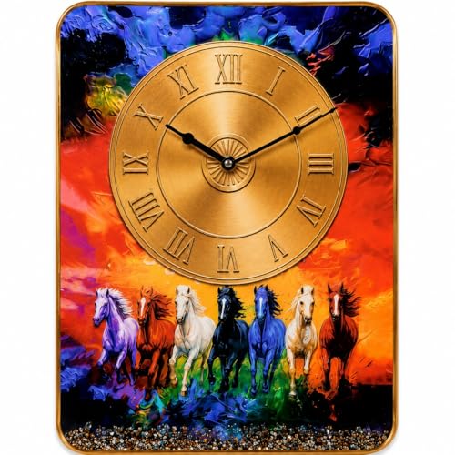 Image of 7 Running Horses Vastu Wall Clock 12x18 Inch | Silent Quartz | Golden Roman Dial | Home Office Living Room Decor Gift