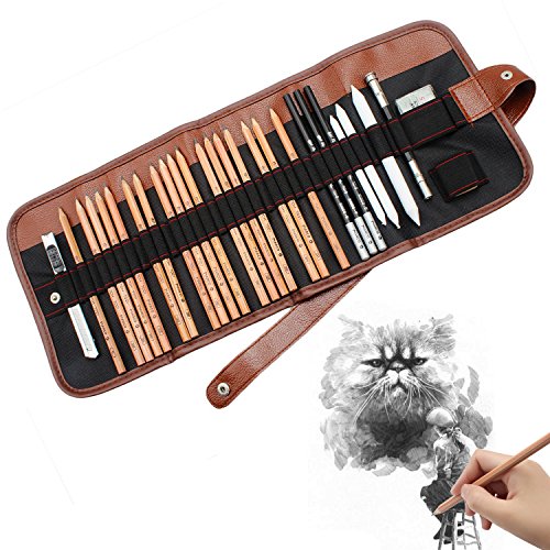 5A-AKKU 18pcs Sketch Pencils Charcoal Pencils for Drawing With Roll Up Canvas Carry Bag Charcoal Drawing Set Eraser Craft Knife Pencil Extender 29pcs in Total for Beginners Artist Student