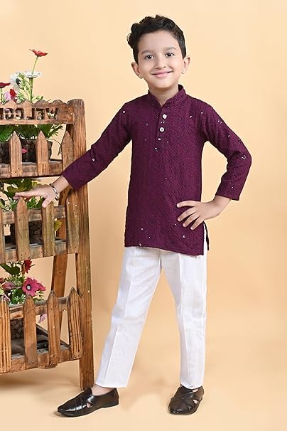Image of Kid's Embroidery Printed Rayon Kurta-Pajama Set 3 /4 Sleeve V Neck Traditional Ethnic Wear for Boys