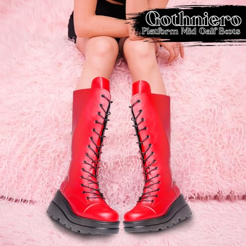 Image of Gothniero High Platform Knee Boots Chunky Heel Wedge Black Boots For Women Combat Goth Punk Motorcycle Booties Zip up With Metal Buckles Size5-11