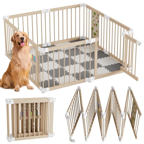 QEENTOE Baby Laufstall aus Holz mit Tür Absperrgitter für...