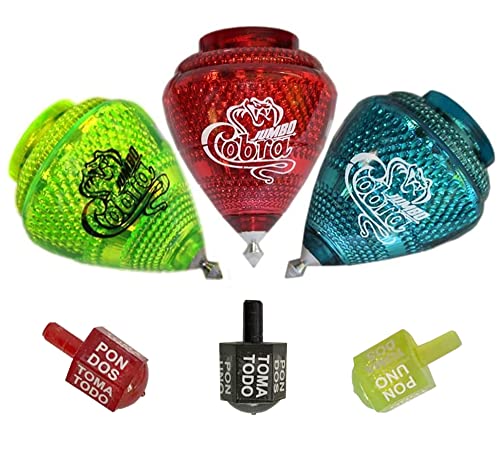 3 Pack Jumbo Cobra Spinning Top Set with 3 Assorted Color Toma Todo Mexican Traditional Game Trompos Mexicanos Cometa de Plastico con Lanzador de Cuerda Incluido Perinolas Incluidas Durable Metal Tips