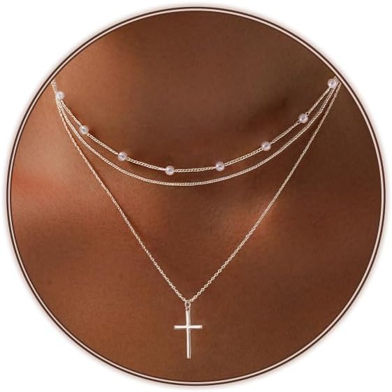 Airmb Cross Necklace for Women Gold/Silver Plated Layered Dainty Cross Chain Trendy Choker Satellite Charm Small Crucifix Pendant Gold/Silver Necklace Stackable Hypoallergenic Delicate Gift for Women