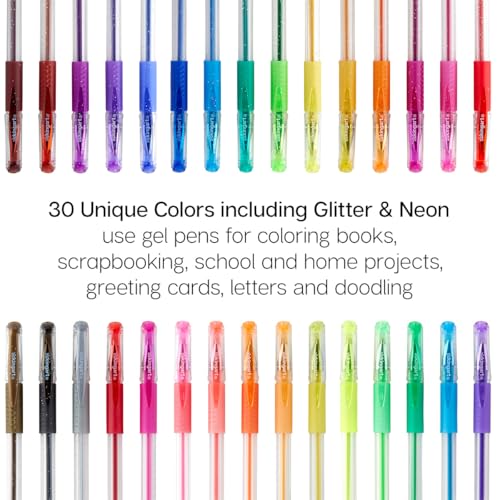 Image of KINGART GLITTER Rollerball GEL PENS, 30 Sparkling Colors with Soft-Grip Comfort, XL Ink Cartridge - For Coloring, Doodling, Scrapbooking, Journaling and General Use, All Ages, 30 Pens