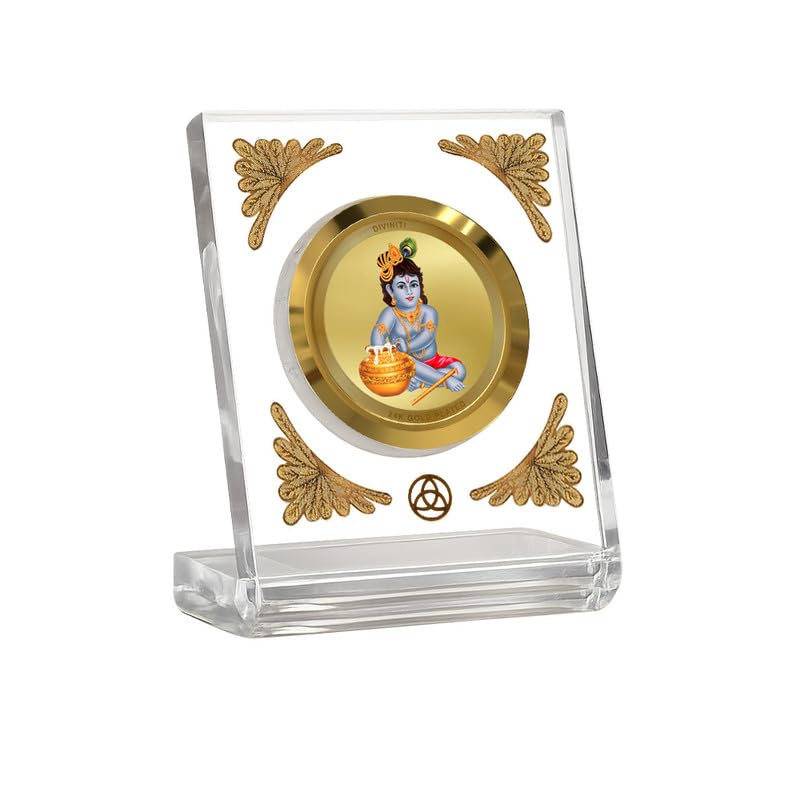 Image of DIVINITI 24K Gold Plated Lord Bal Gopal Acrylic Frame for Car Dashboard, Home Temple & Office Table | Premium Spiritual Gift, Blessings for Protection & Positivity, 8x7 cm Decorative Showpiece
