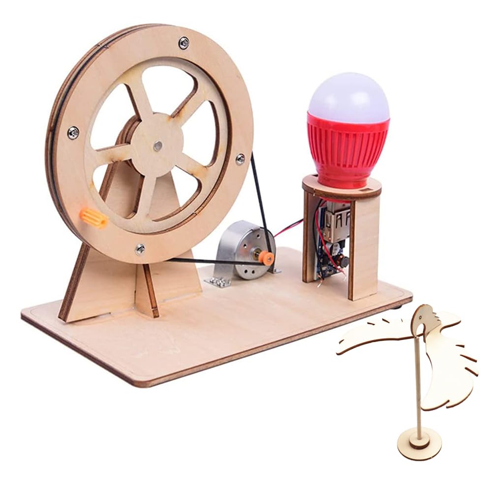 Wooden Manual DIY Light Bulb Educational Building Toy Set, Wooden Hand Cranked Generator, education science kit for Kids Age 6-14 (A)