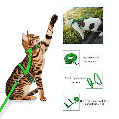 Image of Cat & Small Pet Nylon Strap Collar with Adjustable Walking Harness Leash Pet Walking for Kitten- Plain (Green)