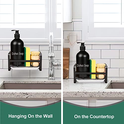 Tezz Sponge Holder For Kitchen Sink- Stainless Steel Kitchen Sink Caddy For Organizing Sponge, Brush & Soap Dish Dispenser, Kitchen Sink Organizer Rack With Adhesive Or Counter Top, Black #TOP4