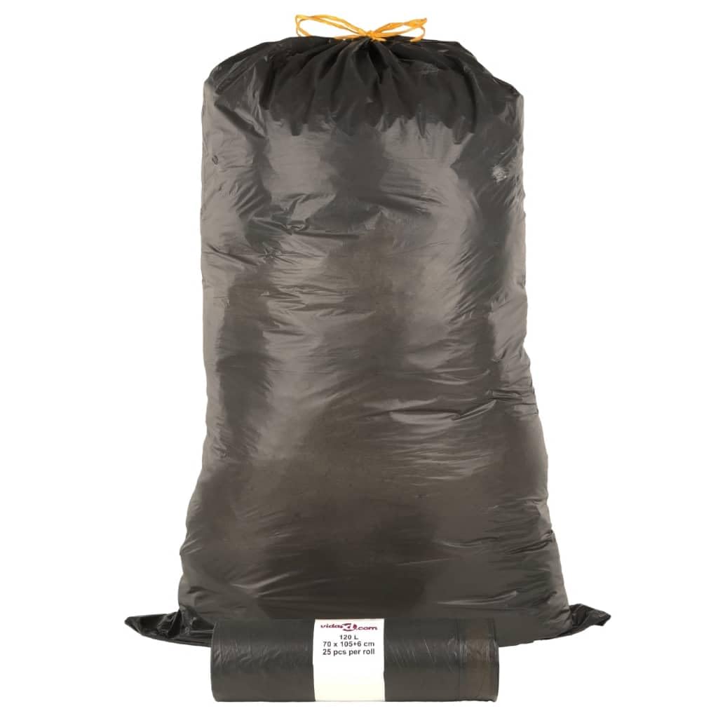 Papeleras con cordones 250 piezas negro 120L bolsas de basura extra resistentes a fugas para el hogar, oficina, camping, senderismo, picnic