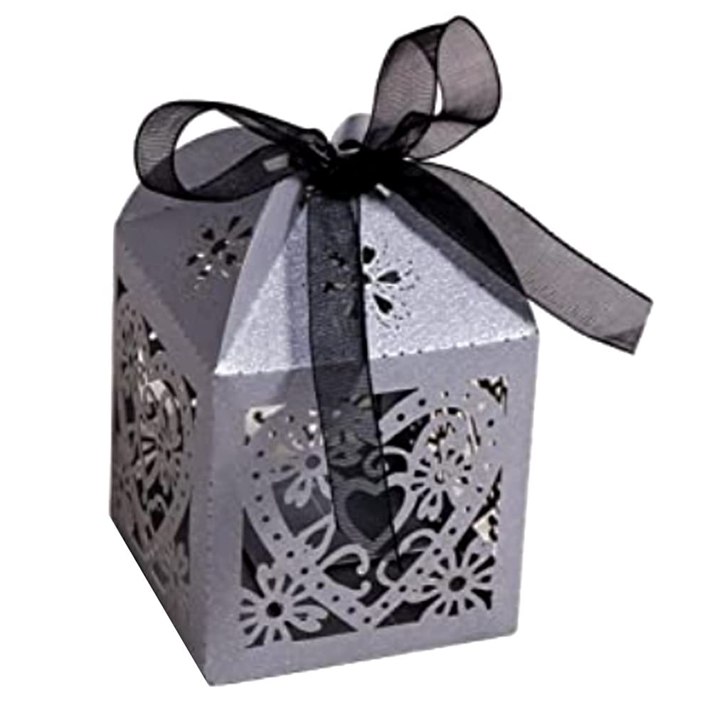MORYEN 50 Pack Love Heart Laser Cut Wedding Party Favor Box Candy Bag Chocolate Dessert Gift Boxes Bridal Birthday Shower with Ribbons, 2in x 2in x 3in (Color : Silver)