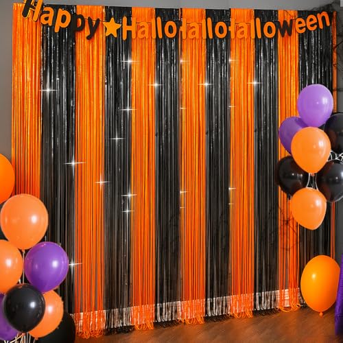 Image of 4 Packs Halloween Foil Fringe Curtain, Orange and Black Metallic Tinsel Backdrop for Birthday, Baby Shower, Bachelorette, Halloween Party Decorations Favors Supplies Indoor Outdoor