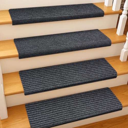 Image of BREEZENEST 15 PCS Self-Adhesive Stair Treads for Carpet Steps - Non-Slip Stair Mats, Fabric Reusable Anti-Slip Stair Pads for Home Pets & Elders (Dark Gray, 60x23cm)